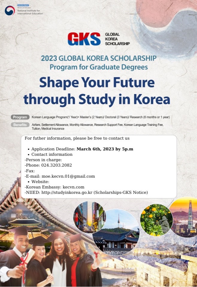 Thông báo tuyển chọn học bổng Chính phủ Hàn Quốc bậc sau Đại học năm 2023 (GKS-G)